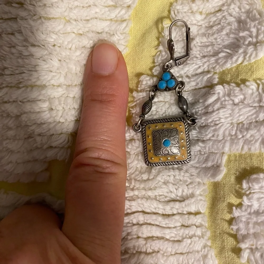 Vintage Silver Tan Enamel Turquoise Dangle earrings Gives Native Boho Western
